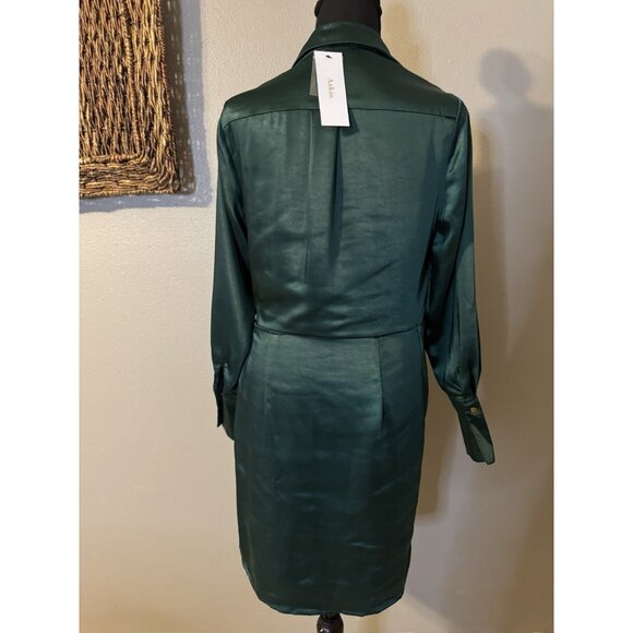 Aakaa Dress M Emerald Green Satin Long Sleeve Tie Front Cut Out NEW - Picture 4 of 15